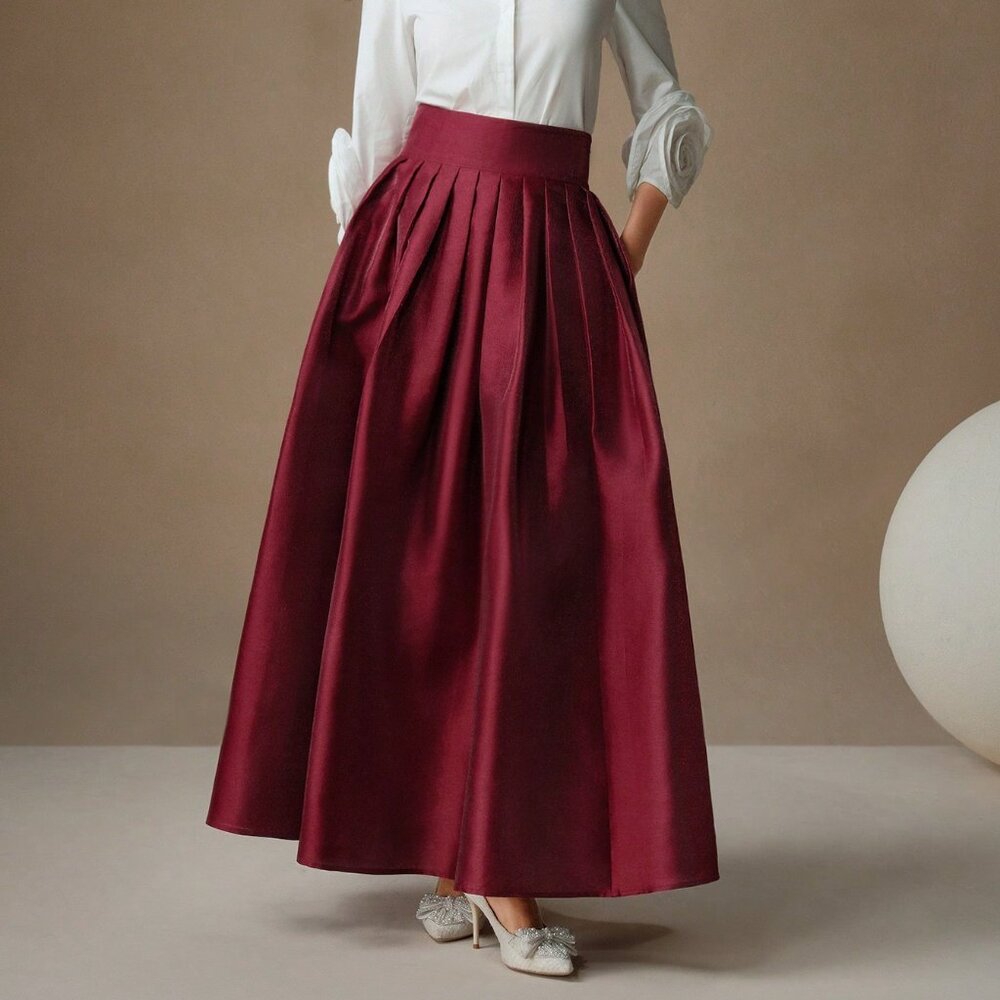 Burgundy Elegant Women's High Waisted Puff Princess Style Skirt Maxi